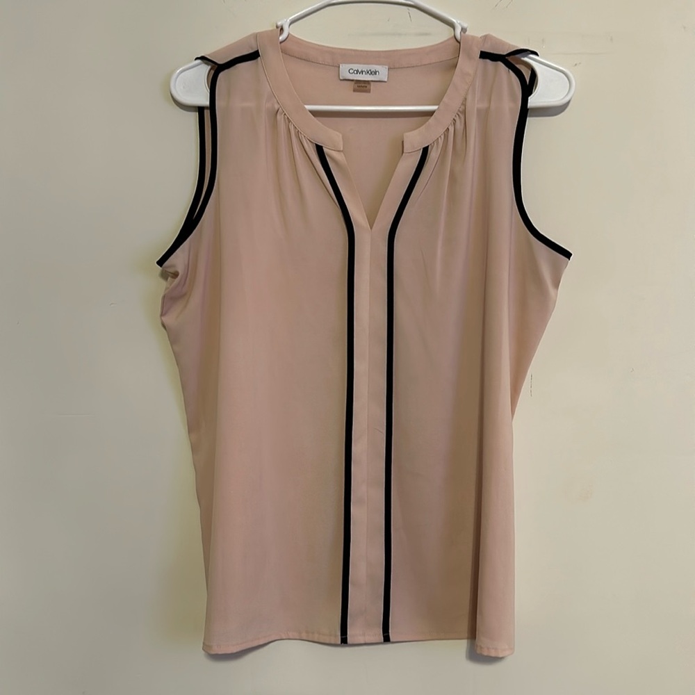 Blush Pink Blouse with Black Trim